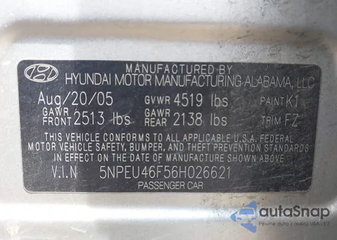 2006 Hyundai Sonata Gls V6/Lx V6 z USA, uszkodzony, nr VIN 5NPEU46F56H026621